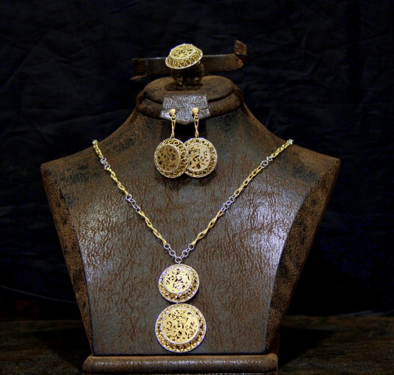 Gold Filigree Necklace and Earrings on a Bust