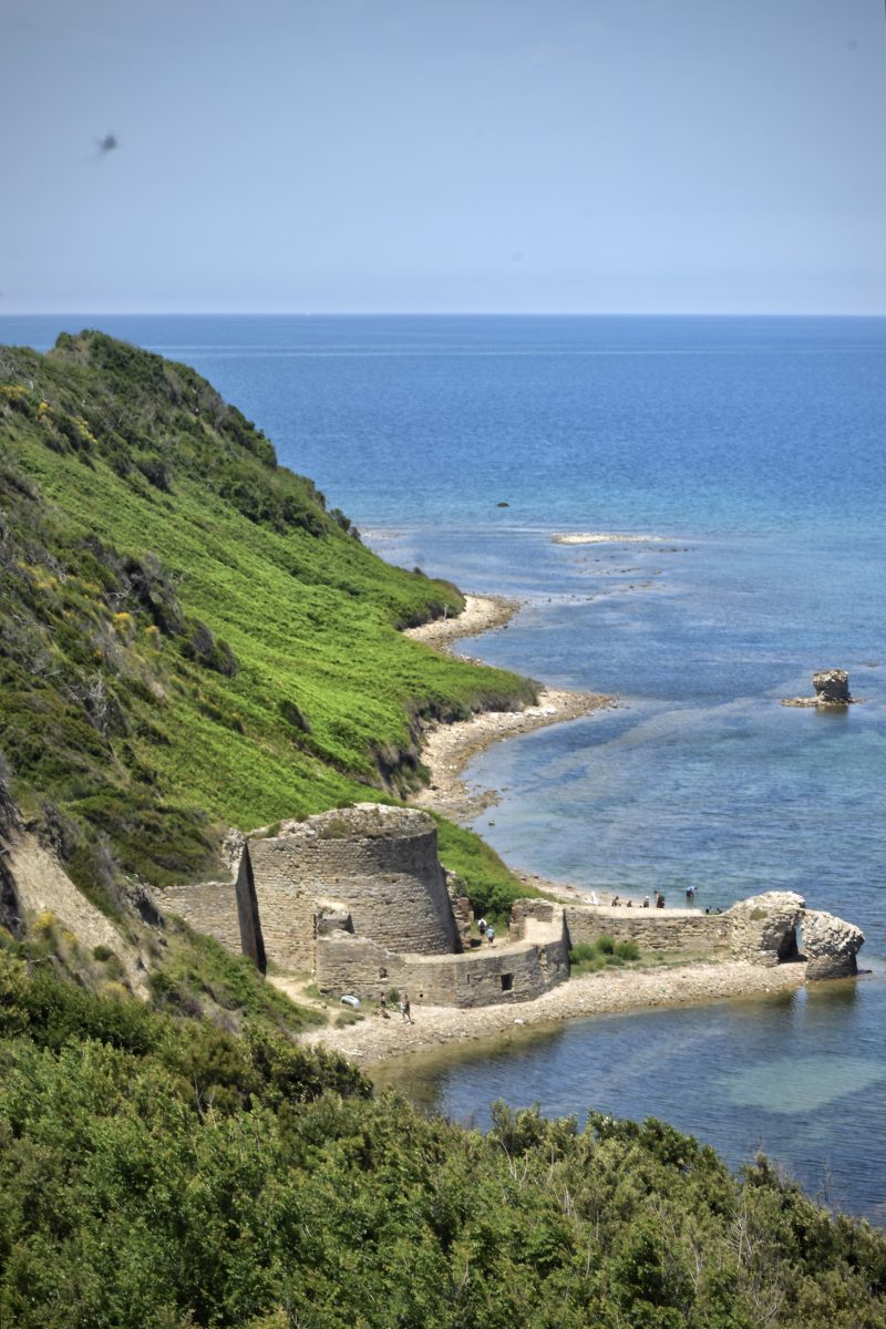 Green Coastal Hill with Old Stone Ruins by the Sea