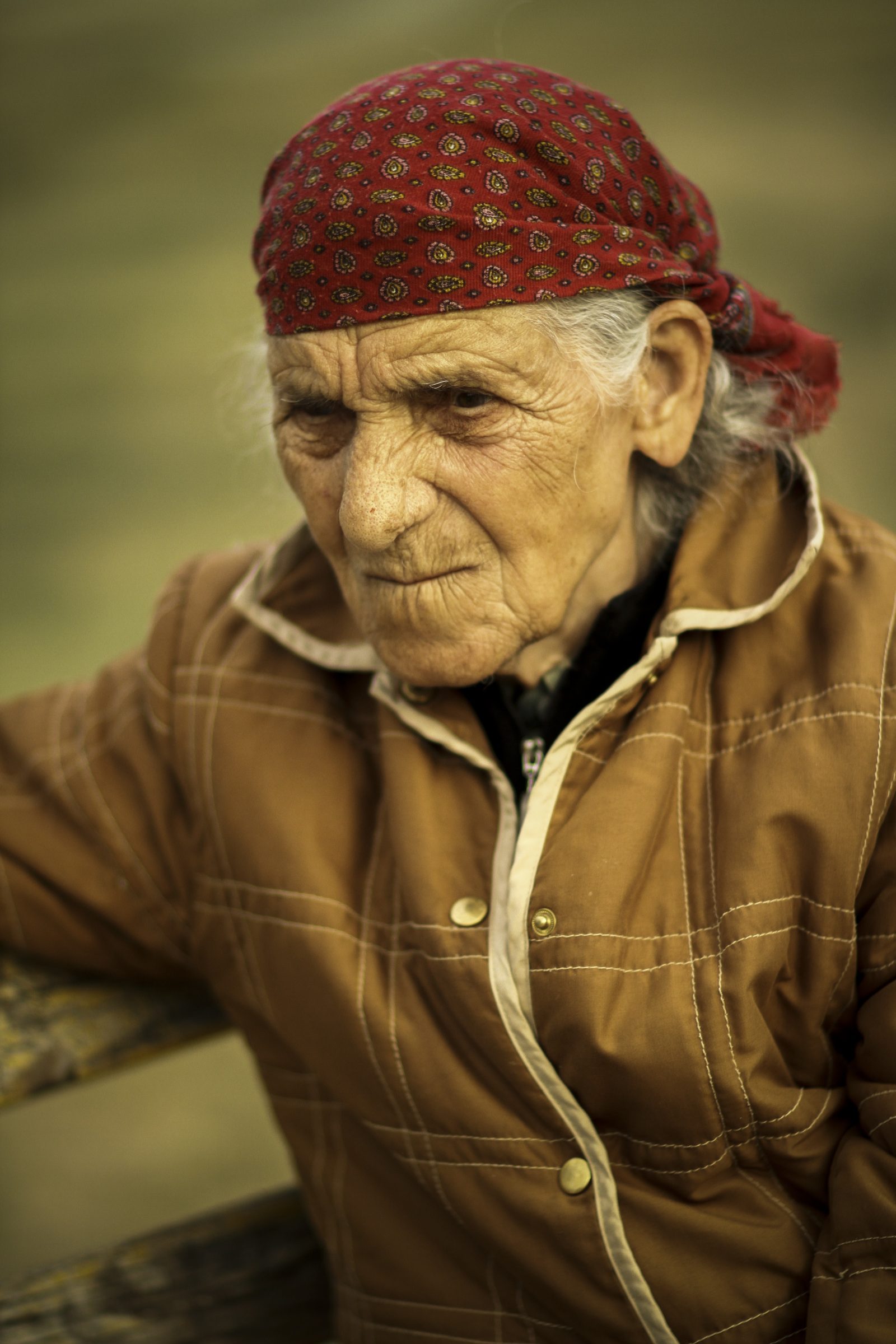 Portrait of an Elderly Woman in a Red Headscarf